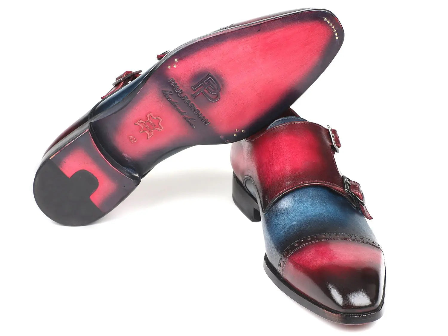 Paul Parkman Men's Blue/Fuxia Cap Toe Double Monk strap Shoes (ID#045BFX81) PAUL PARKMAN