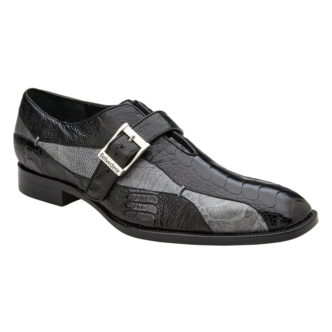 Belvedere Marte R81 Black/Grey Genuine Ostrich Monk Straps Shoes