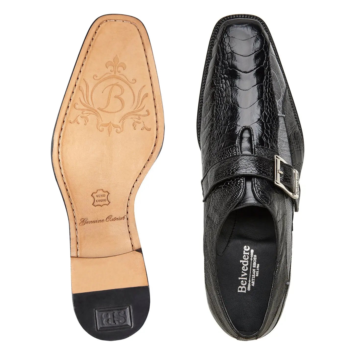 Belvedere Marte R81 Black/Grey Genuine Ostrich Monk Straps Shoes