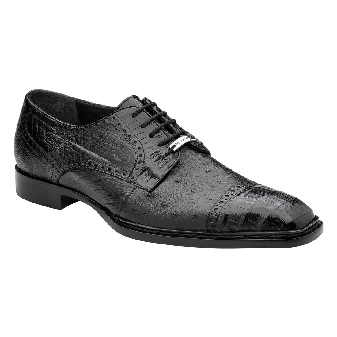 Belvedere Martino R104 Black Genuine Caiman Crocodile/Ostrich Oxfords