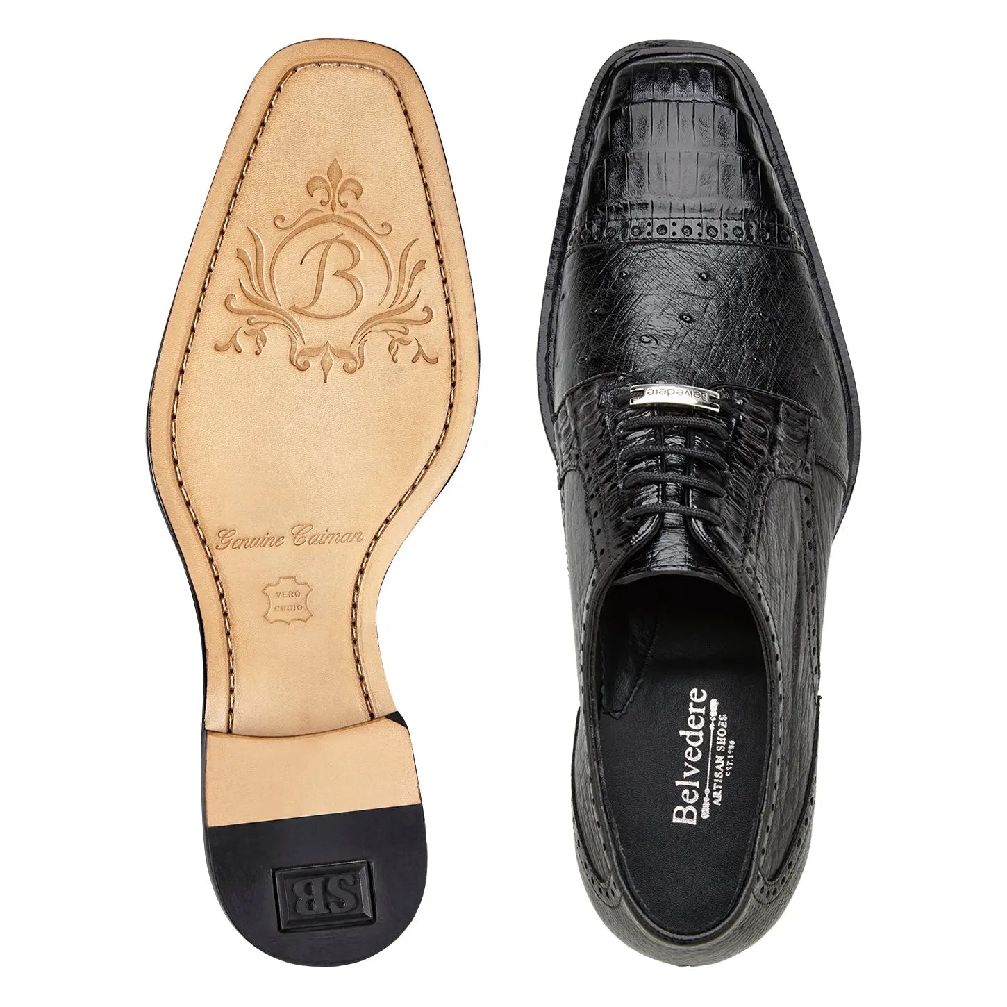 Belvedere Martino R104 Black Genuine Caiman Crocodile/Ostrich Oxfords