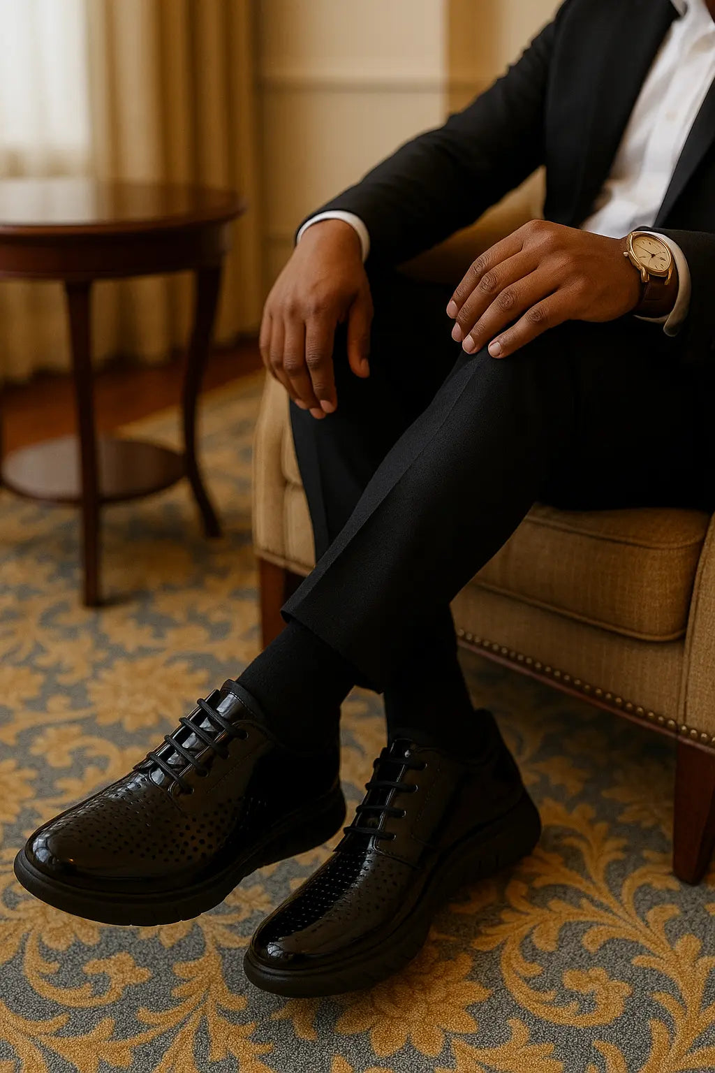 Belvedere Maxim Black Genuine Leather Laser Cut Patent/Neoprene Sneakers