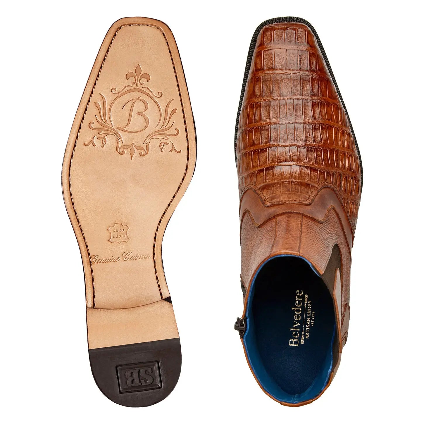 Belvedere Monte R102 Antique Sport Genuine Caiman Crocodile/Pebble Grain Calf Boots
