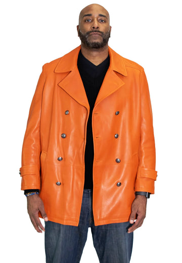 Jakewood 2092 Rust Genuine Lambskin Leather Double Breasted Peacoat