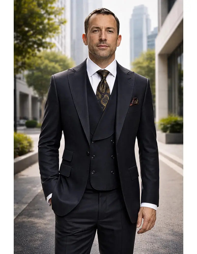 Statement Palazio Black Super 200's Italian Wool Vested Suit