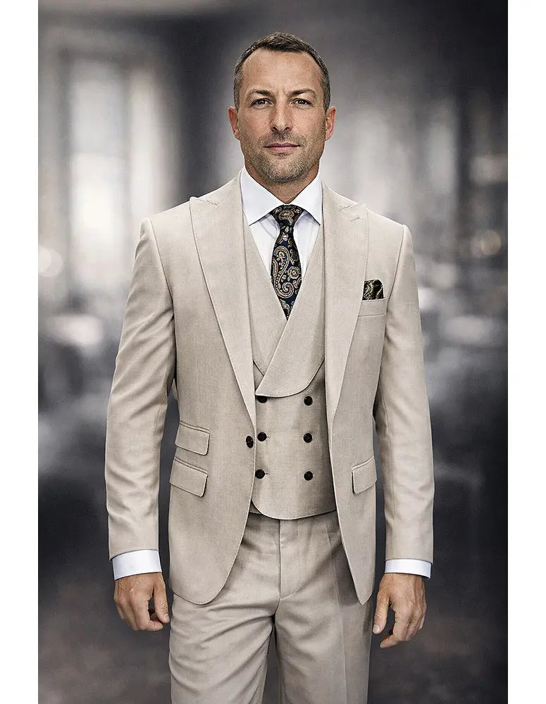 Statement Palazio Tan Super 200's Italian Wool Vested Suit