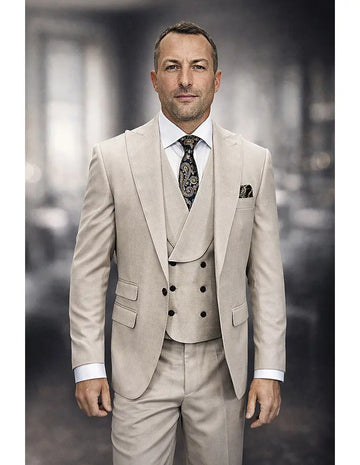 Statement Palazio Tan Super 200's Italian Wool Vested Suit
