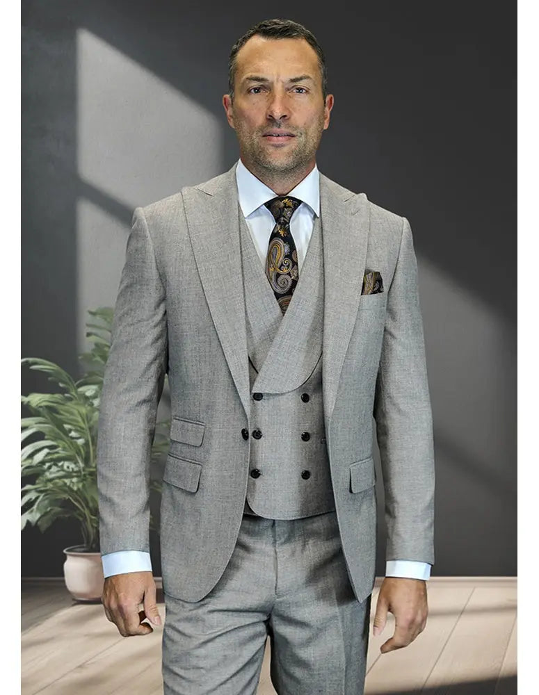 Statement Palazio Taupe Super 200's Italian Wool Vested Suit