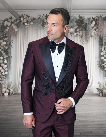 Statement Perini Burgundy Rhinestone Vested Tuxedo