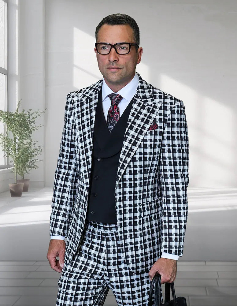 Statement Pompei Black/White Super 200's Italian Wool Vested Suit