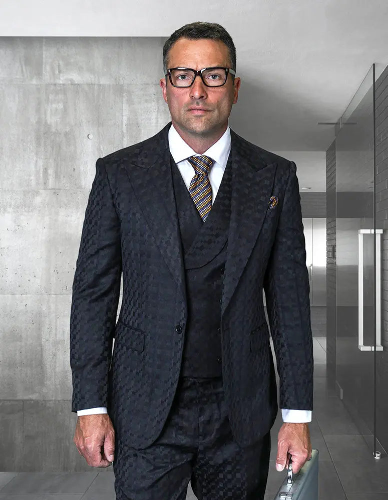 Statement Pompei Black Super 200's Italian Wool Vested Suit