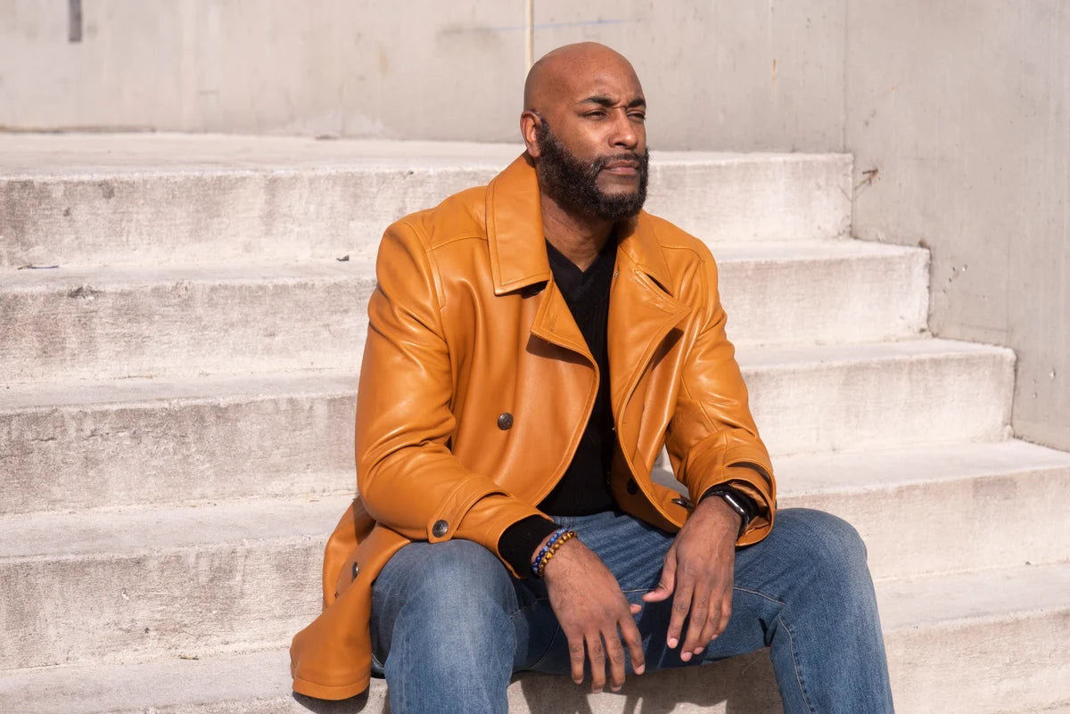 Jakewood 2092 Tan Genuine Lambskin Leather Double Breasted Peacoat