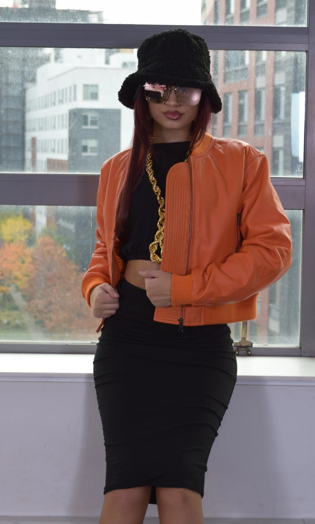 Jakewood 1018 Orange Ladies Genuine Lambskin Leather Cropped Jacket