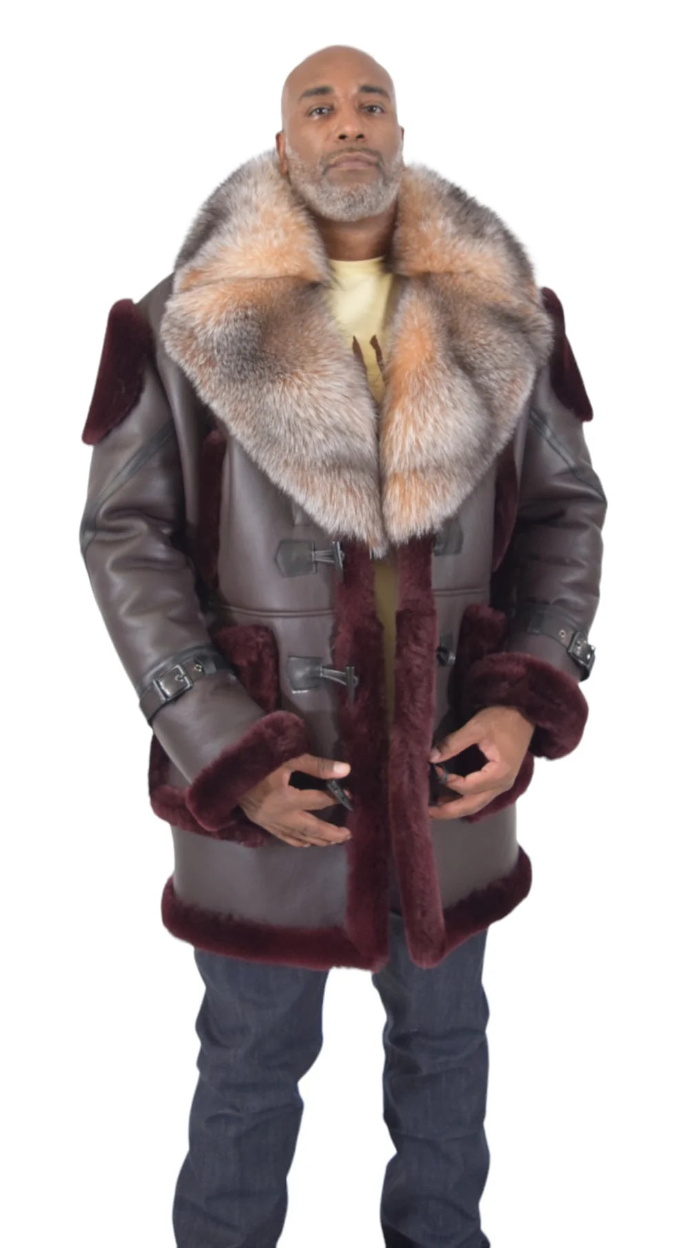 Jakewood 5400 Burgundy Genuine Shearling Sheepskin/Napa/Suede Long Coat