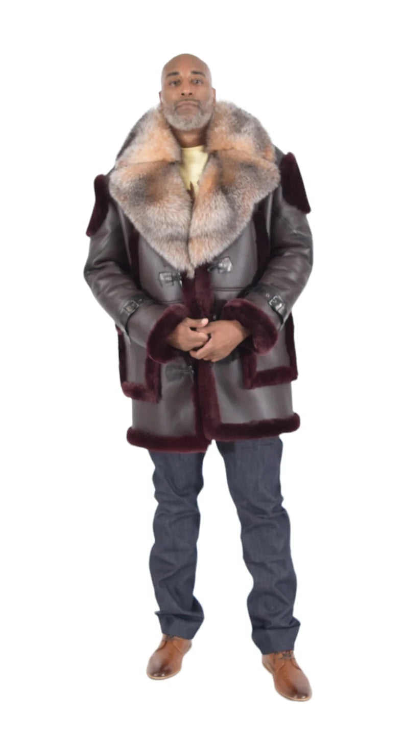 Jakewood 5400 Burgundy Genuine Shearling Sheepskin/Napa/Suede Long Coat