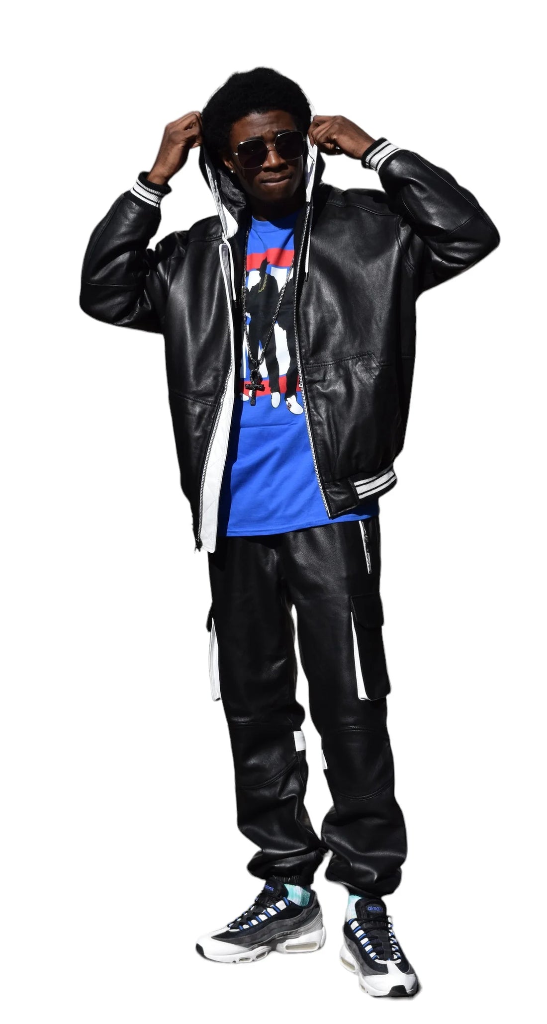 Jakewood 145 Black Genuine Lambskin Leather Hoodie/Jogger Cargo Pants Set