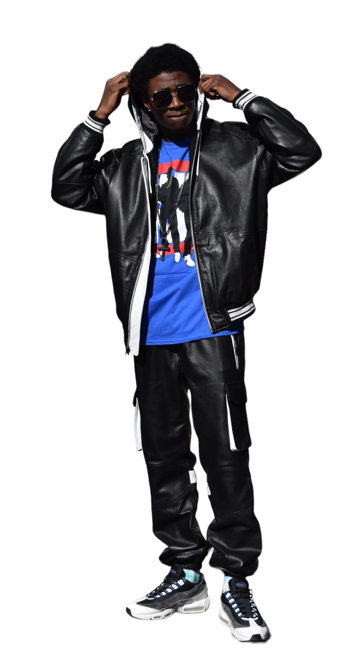 Jakewood 145 Black Genuine Lambskin Leather Hoodie/Jogger Cargo Pants Set