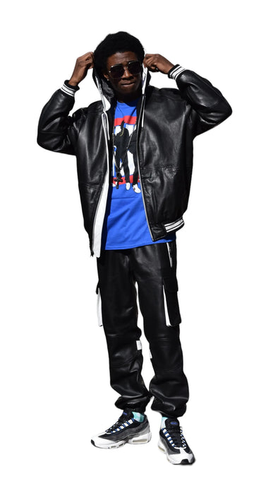 Jakewood 145 Black Genuine Lambskin Leather Hoodie/Jogger Cargo Pants Set
