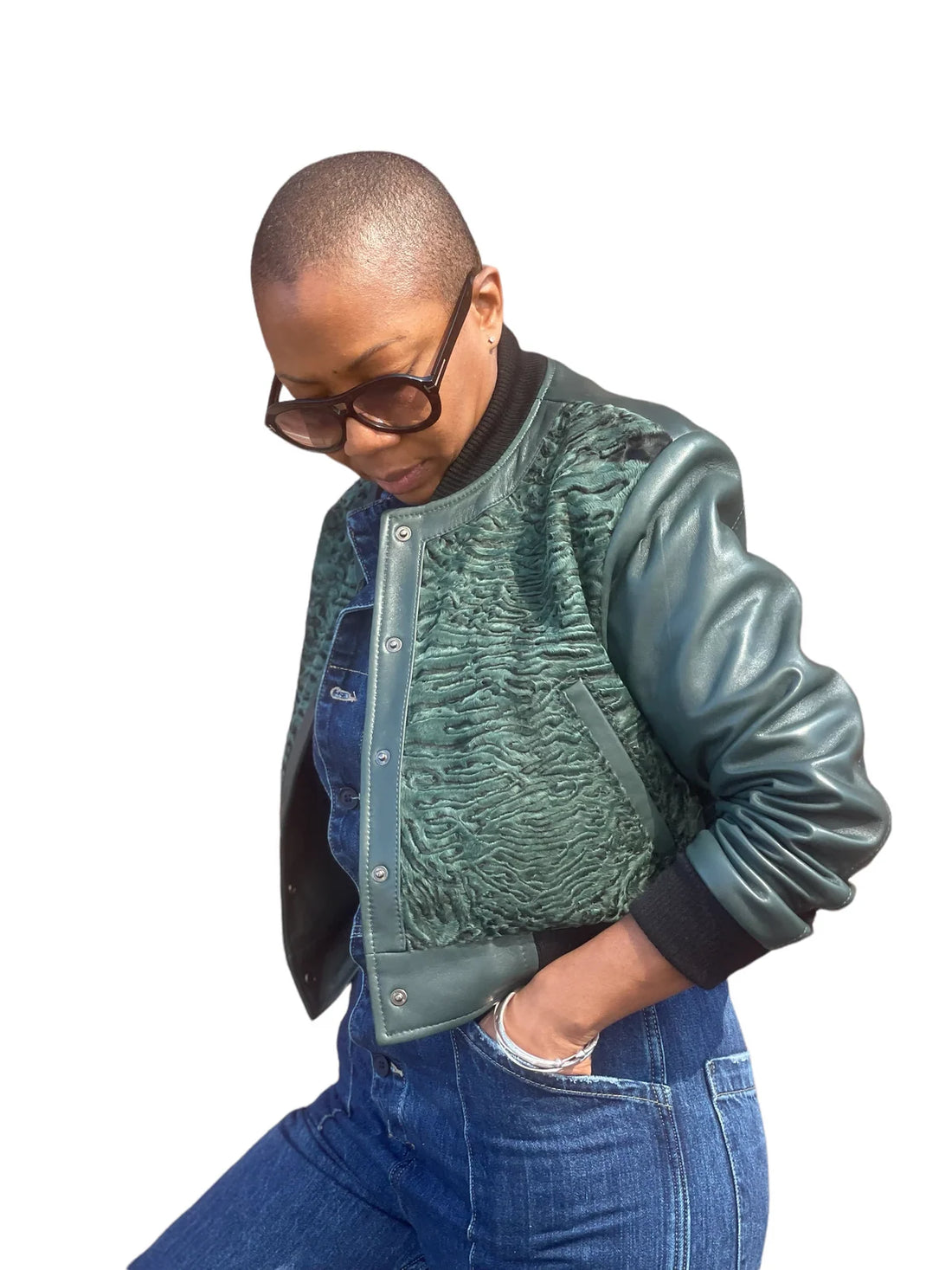 Jakewood 1043 Ladies Emerald Green Genuine Lambskin/Persian Lamb Baseball Jacket