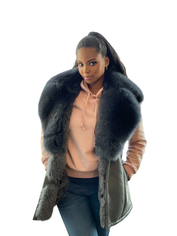 Jakewood 1038 Ladies Grey Genuine Shearling/Fox Long Vest