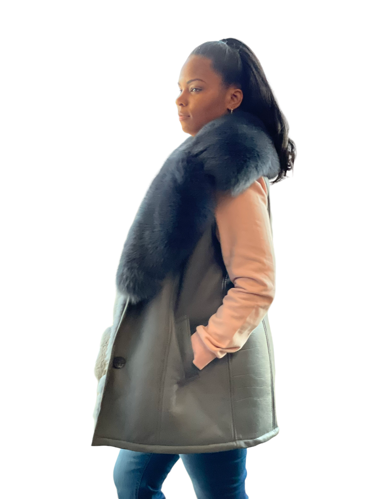 Jakewood 1038 Ladies Grey Genuine Shearling/Fox Long Vest
