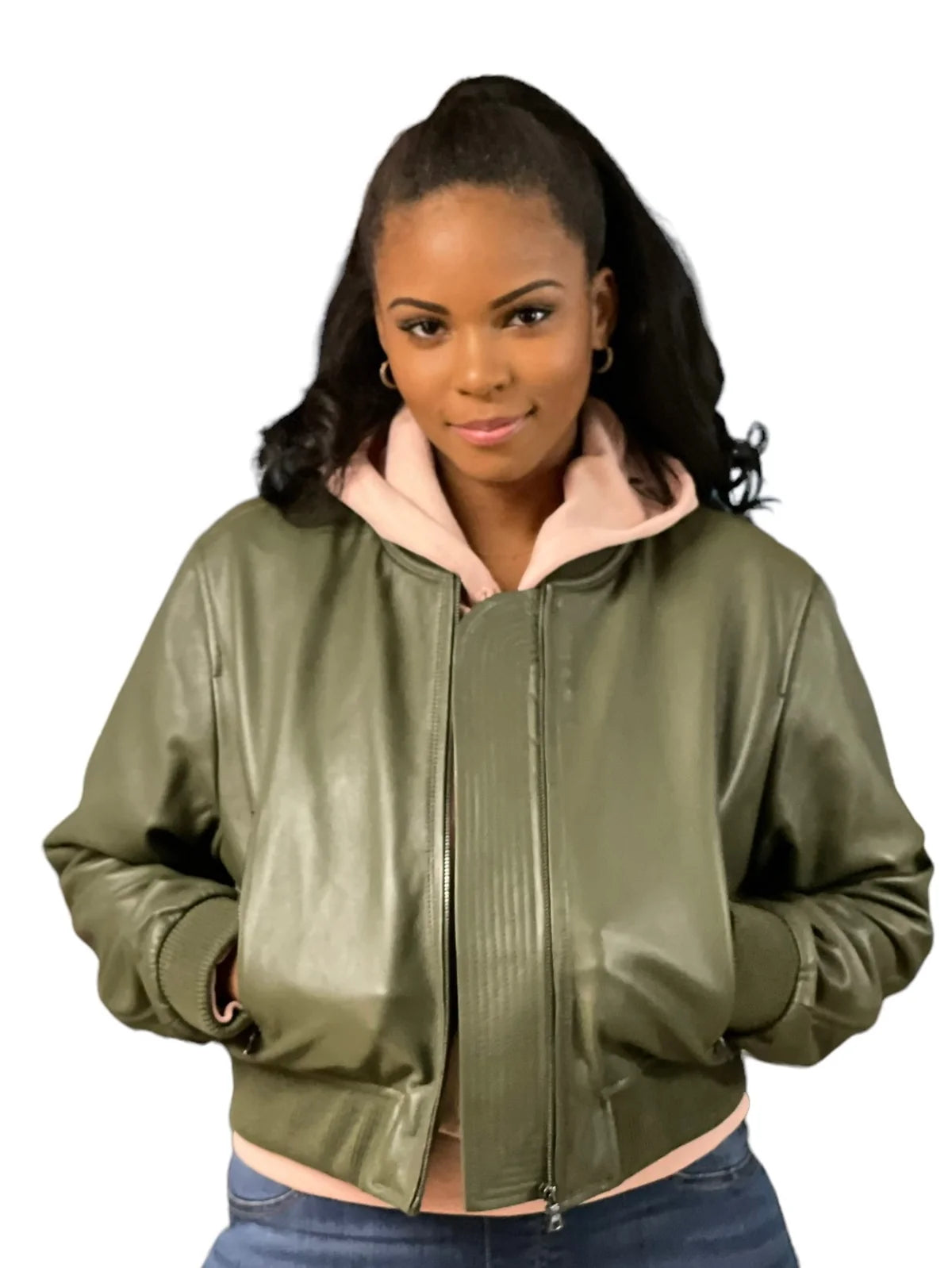 Jakewood 1018 Olive Green Ladies Genuine Lambskin Leather Cropped Jacket
