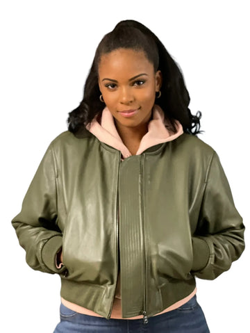 Jakewood 1018 Olive Green Ladies Genuine Lambskin Leather Cropped Jacket