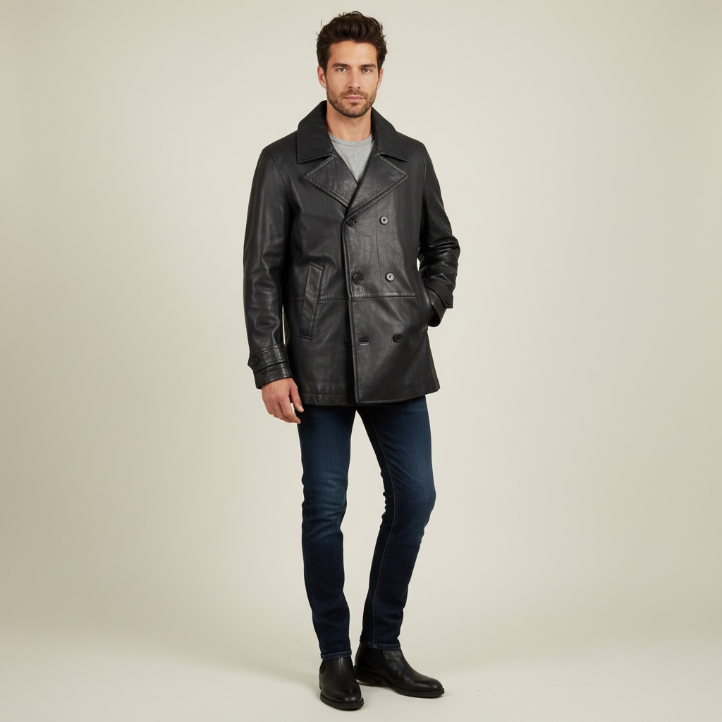 Jakewood 2095 Black Genuine Lambskin Double Breasted French Antique Peacoat