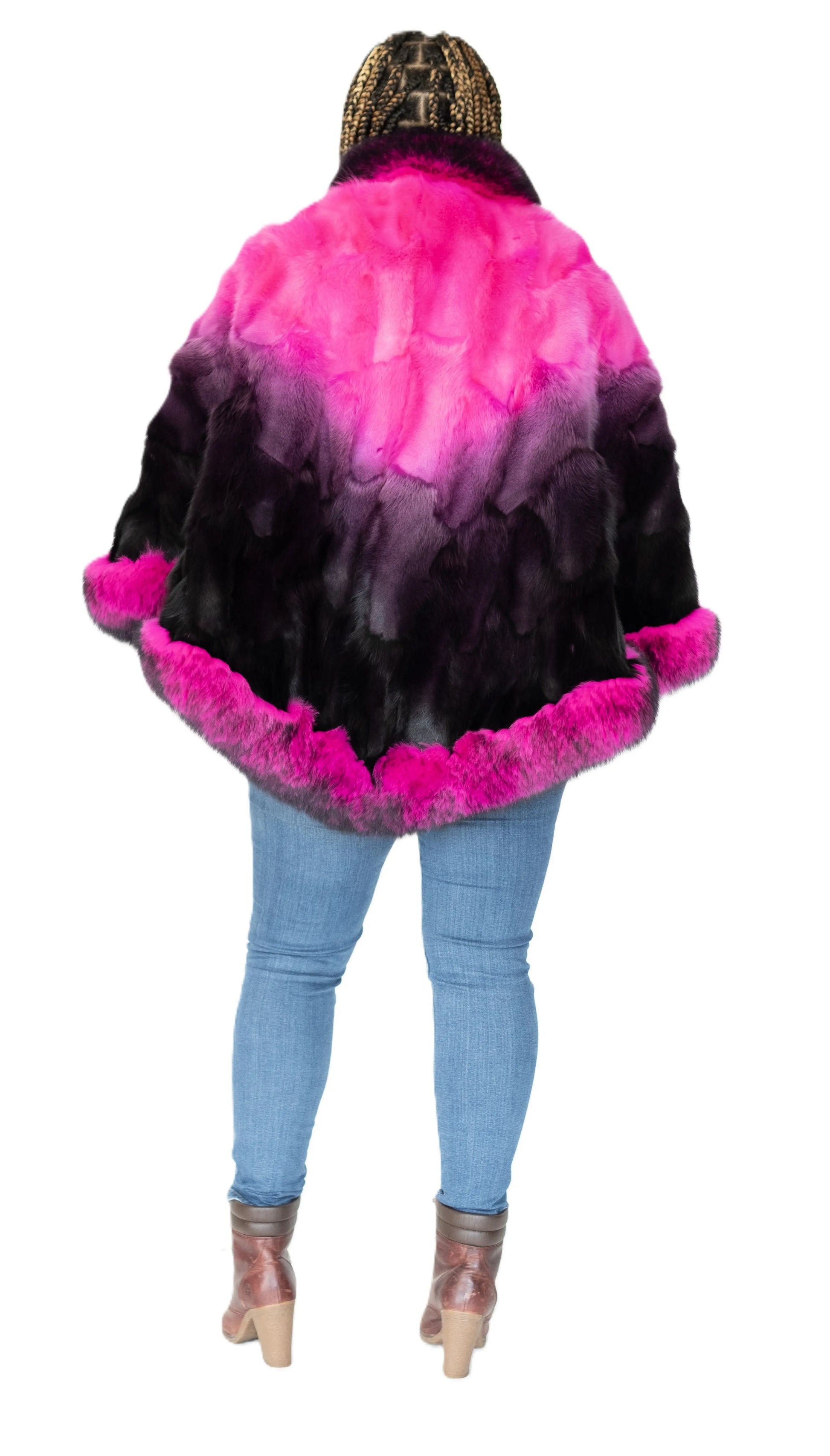 Verona Women's W11C01 Pink/Black Genuine Rabbit Poncho - Suit Essence