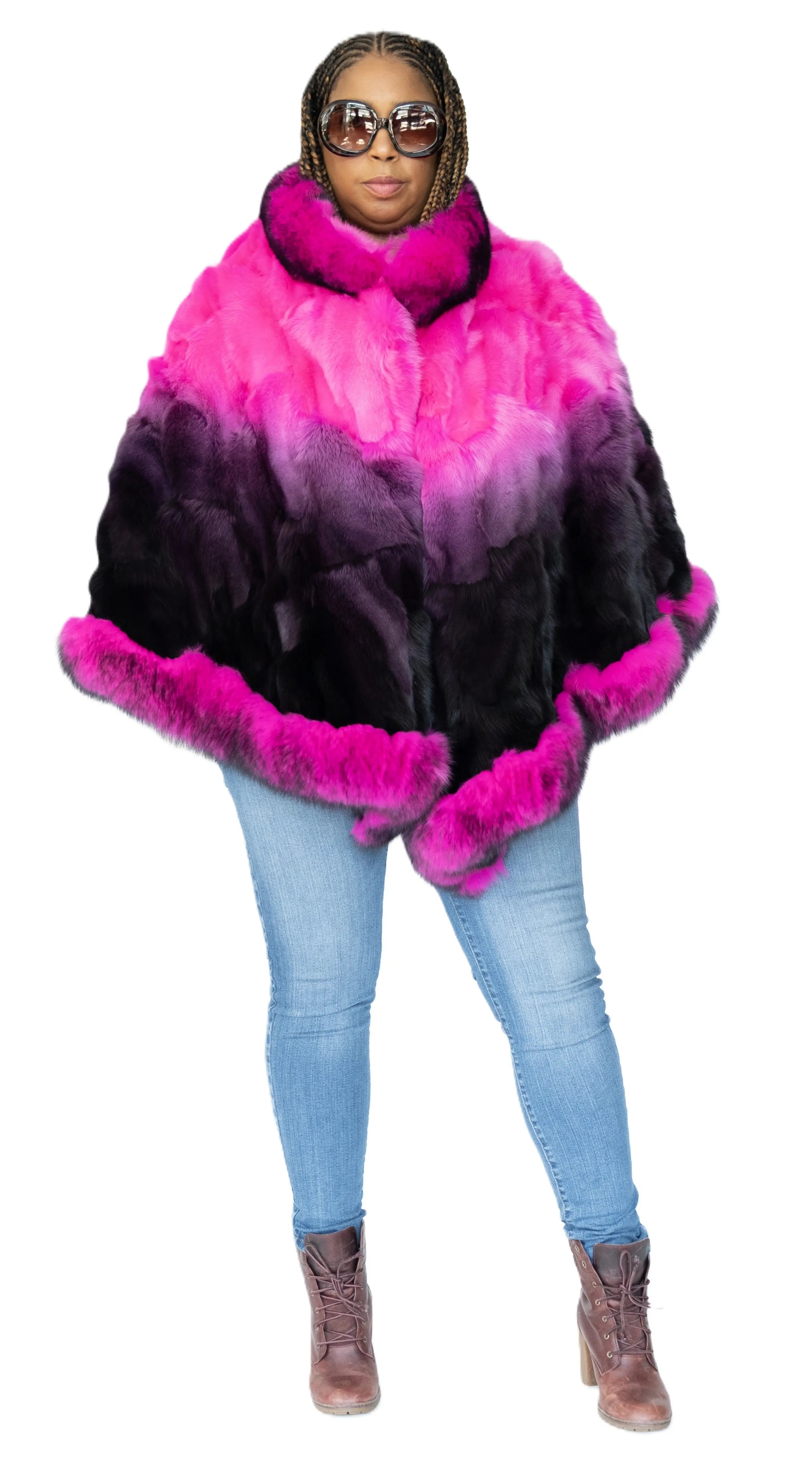 Verona Women's W11C01 Pink/Black Genuine Rabbit Poncho - Suit Essence