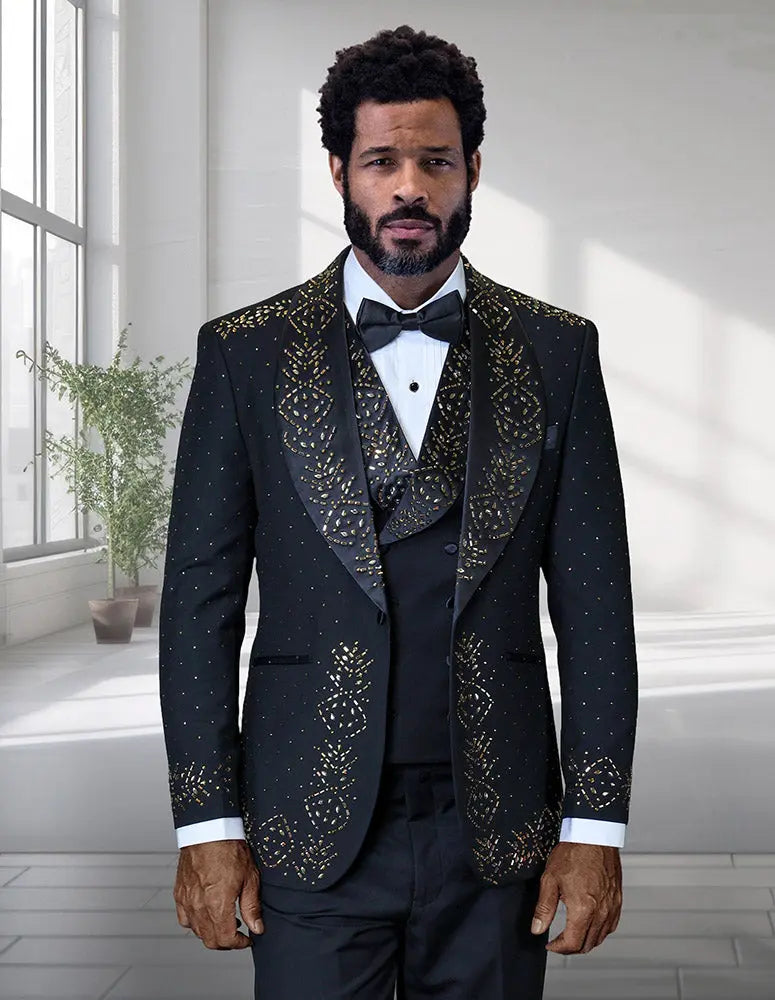 Statement Roberto Black/Gold Rhinestone Vested Tuxedo