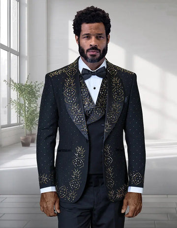 Statement Roberto Black/Gold Rhinestone Vested Tuxedo