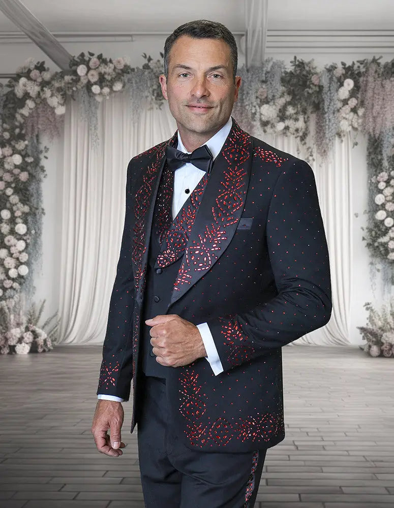 Statement Roberto Black/Red Rhinestone Vested Tuxedo