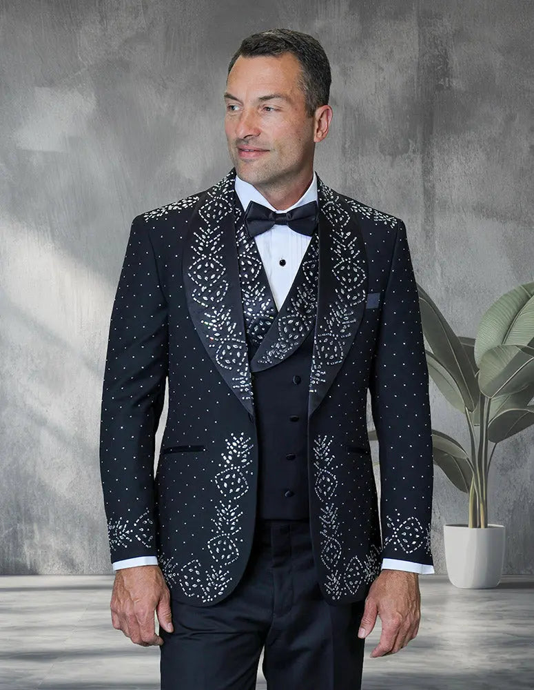 Statement Roberto Black/White Rhinestone Vested Tuxedo