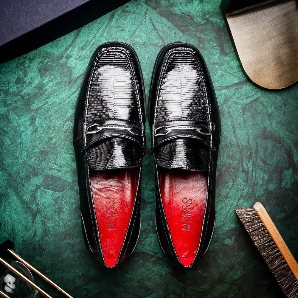 Marco Di Milano Ravello Black Genuine Lizard Ring Loafers