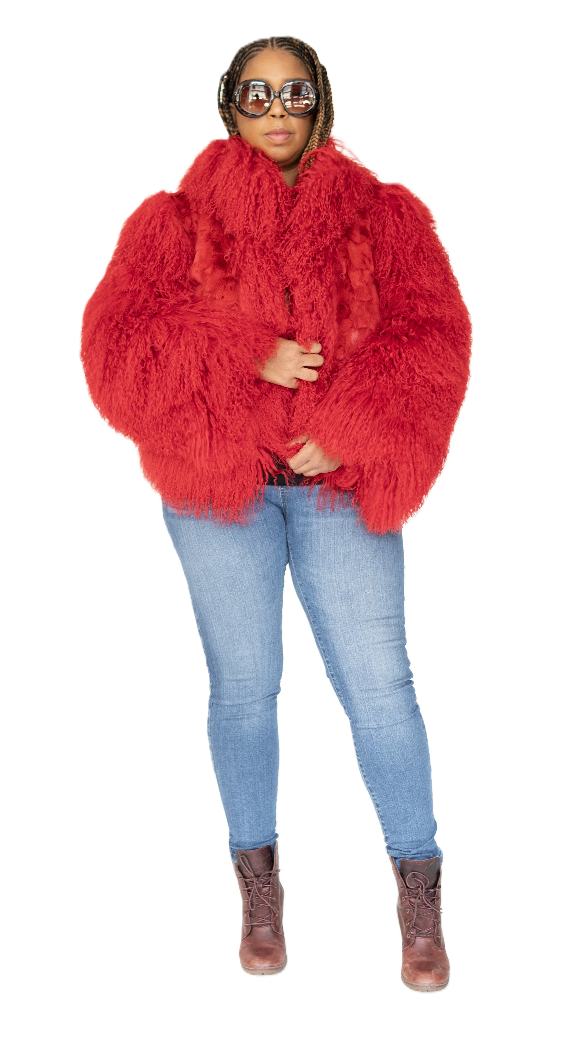 Verona Women's W49S01 Red Genuine Mink/Mongolian Lamb Fur Coat