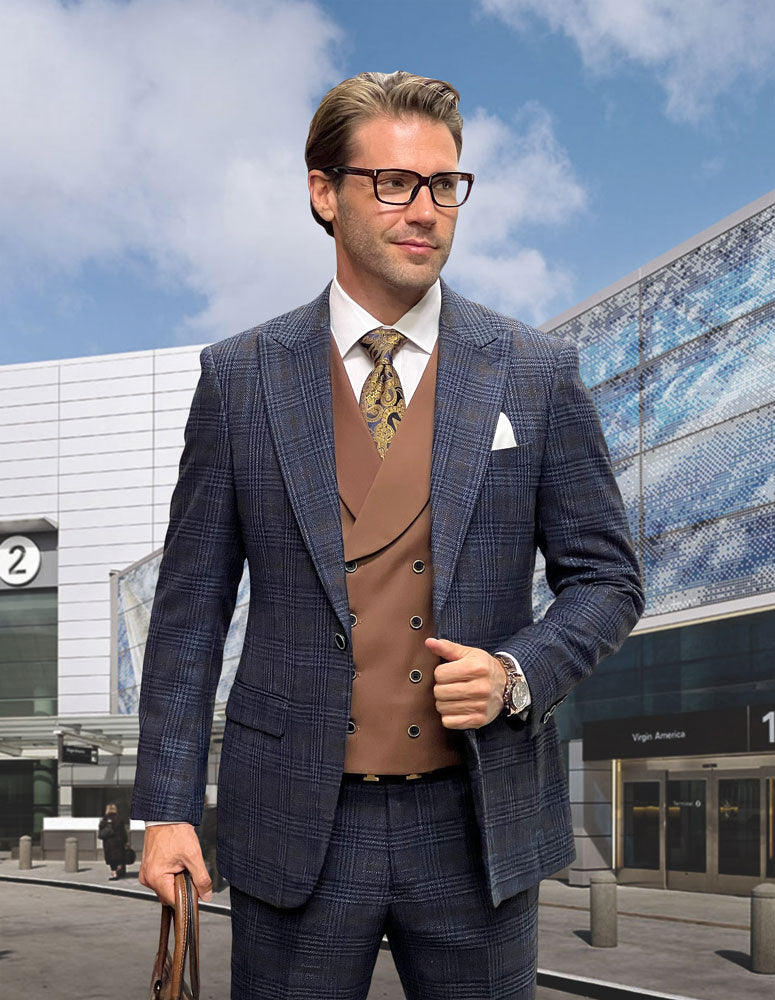 Statement Sorento Midnight / Tan Plaid Super 200's Italian Wool / Cashmere Vested Suit