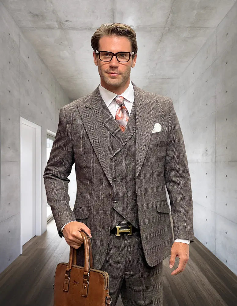 Statement Stefano Brown Super 200’s Italian Wool / Cashmere Vested Suit Suit Essence