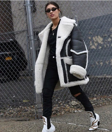 Jakewood 1030 Black/White Genuine Shearling Sheepskin Marlboro Coat