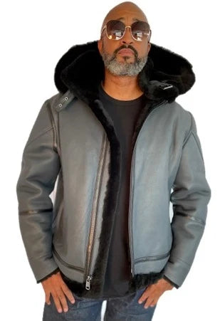 Jakewood B3/800 Military Grey/Black Genuine Shearling Sheepskin Aviator Jacket