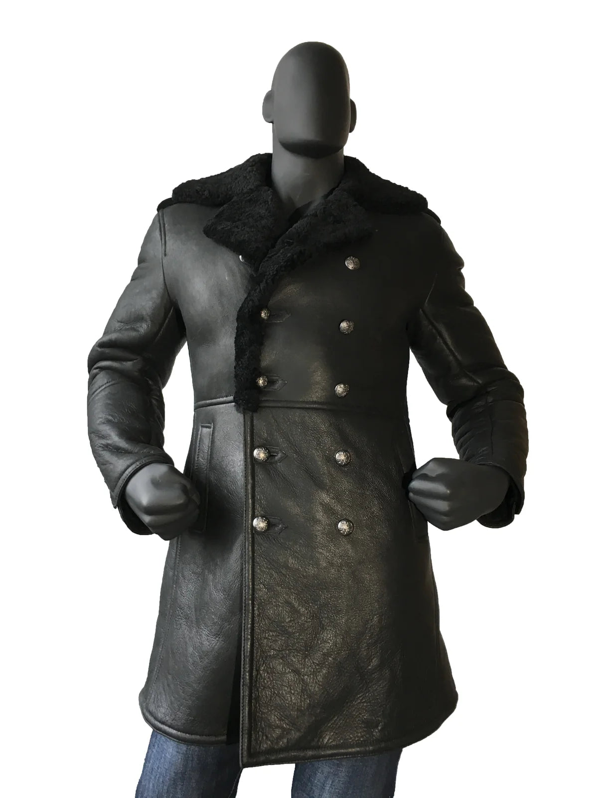Jakewood 5000 Black Genuine Double Breasted Shearling Sheepskin Trench Coat