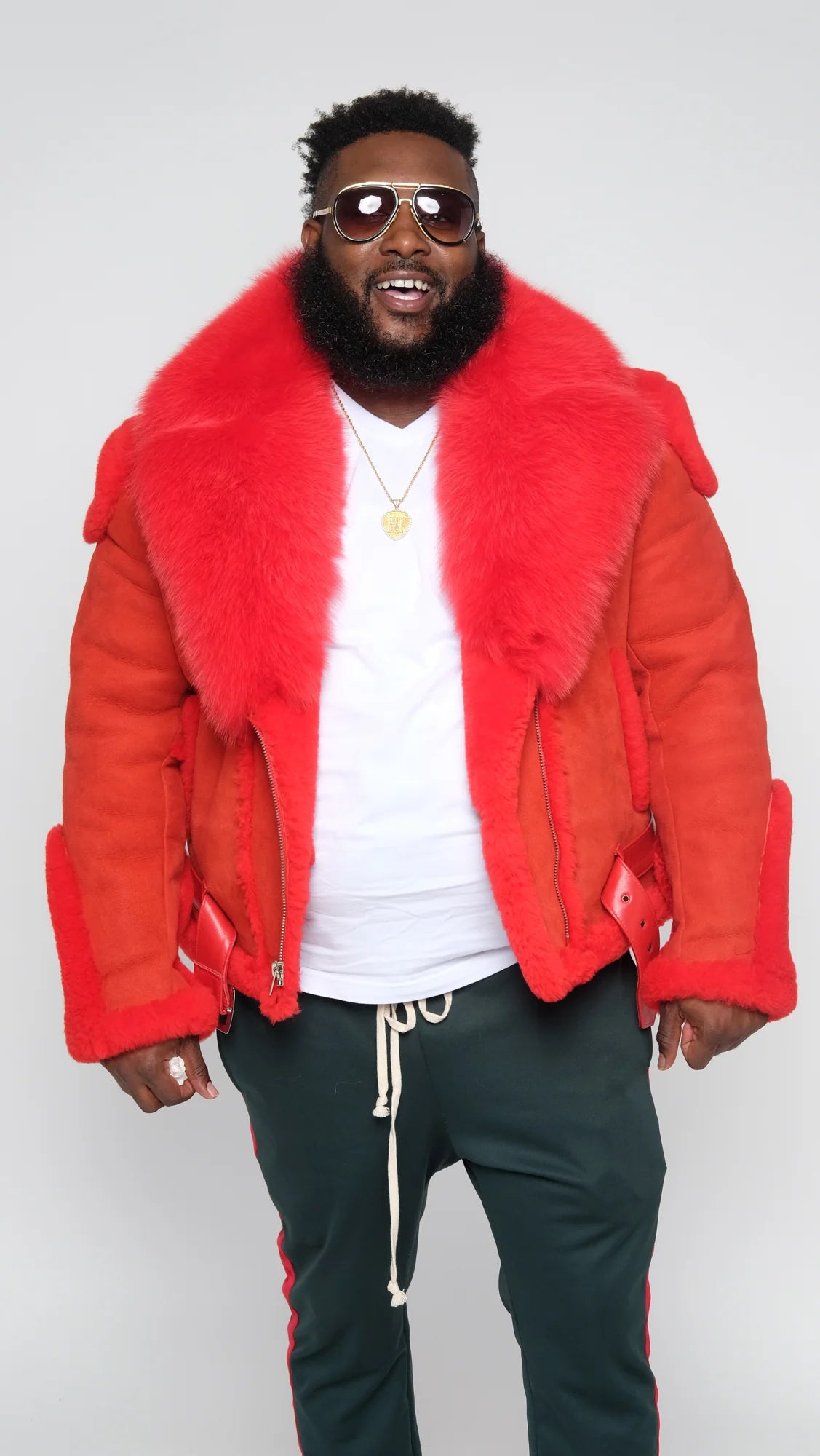 Jakewood 1320 Red Genuine Sheepskin/Fox Fur Motorcycle Jacket