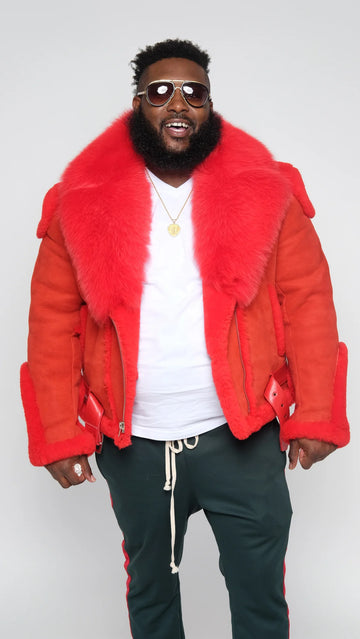 Jakewood 1320 Red Genuine Sheepskin/Fox Fur Motorcycle Jacket