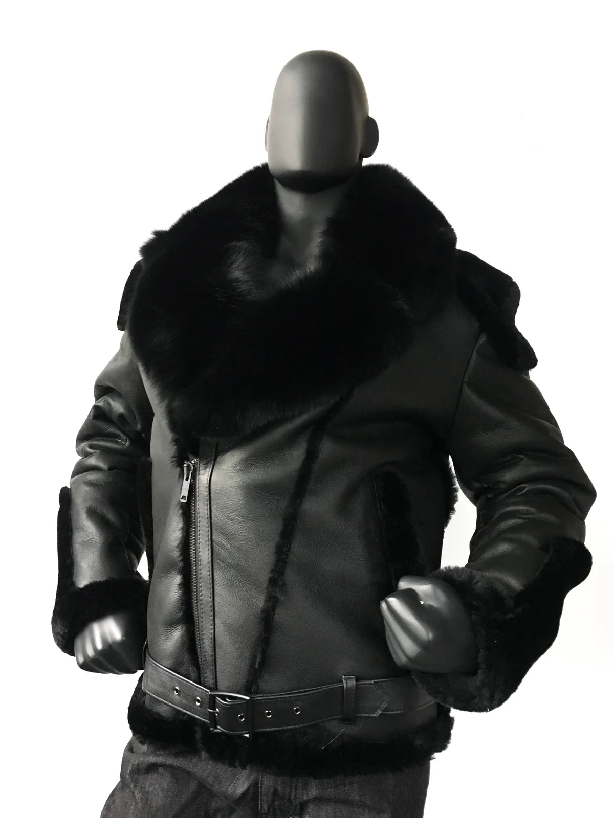Jakewood 1320 Black Genuine Sheepskin/Fox Fur Motorcycle Jacket