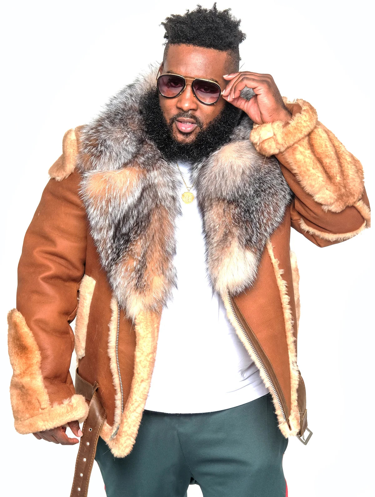 Jakewood 1320 Nut Genuine Sheepskin/Fox Fur Motorcycle Jacket