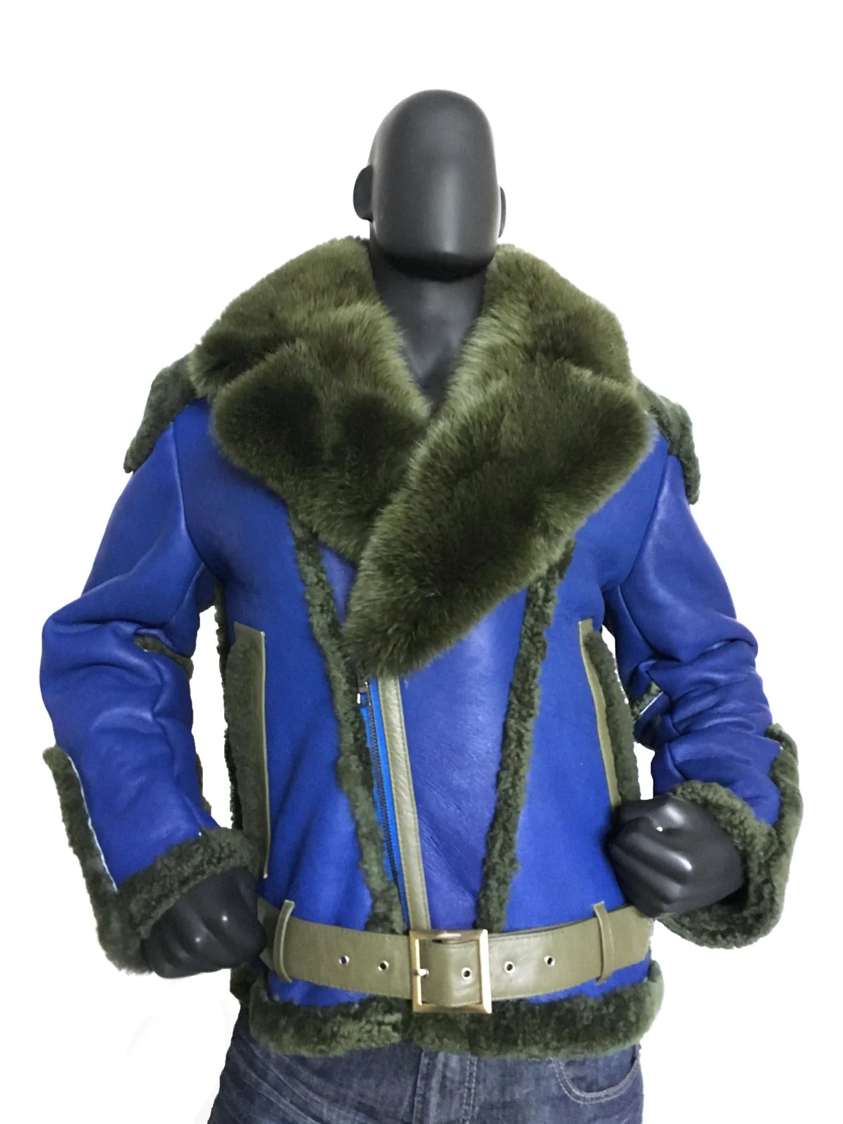 Jakewood 1320 Blue/Olive Genuine Sheepskin/Fox Fur Motorcycle Jacket