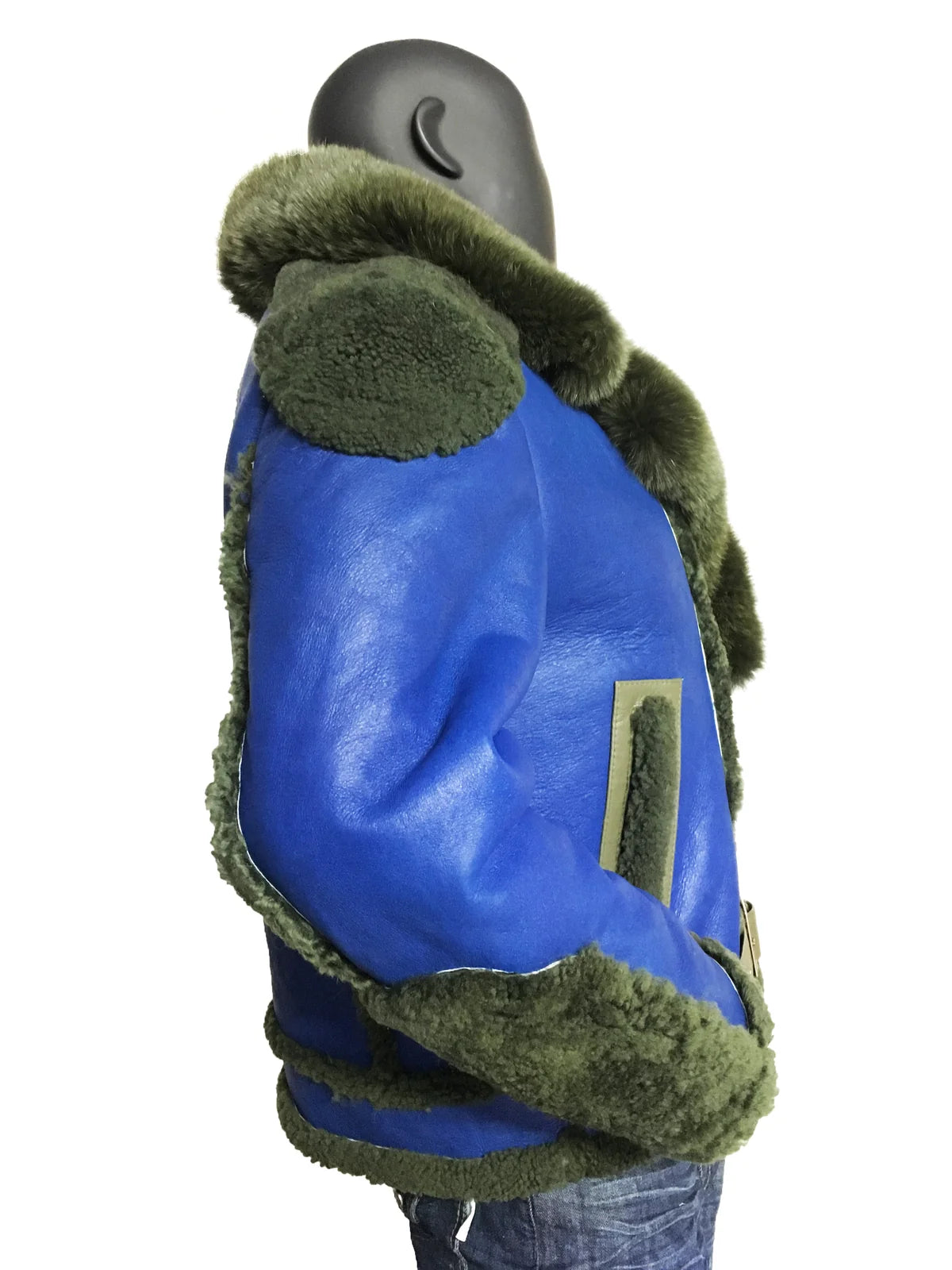Jakewood 1320 Blue/Olive Genuine Sheepskin/Fox Fur Motorcycle Jacket