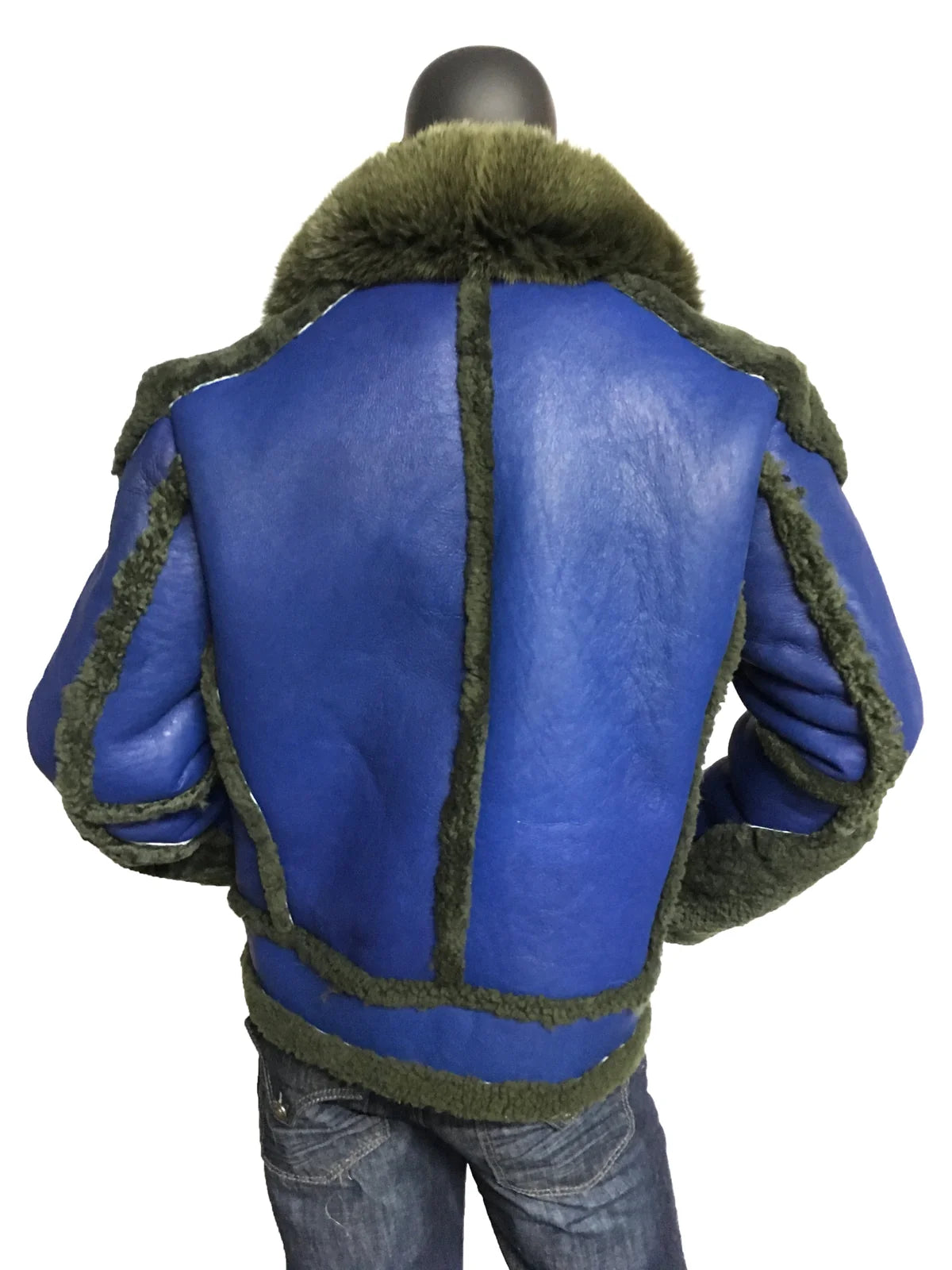 Jakewood 1320 Blue/Olive Genuine Sheepskin/Fox Fur Motorcycle Jacket