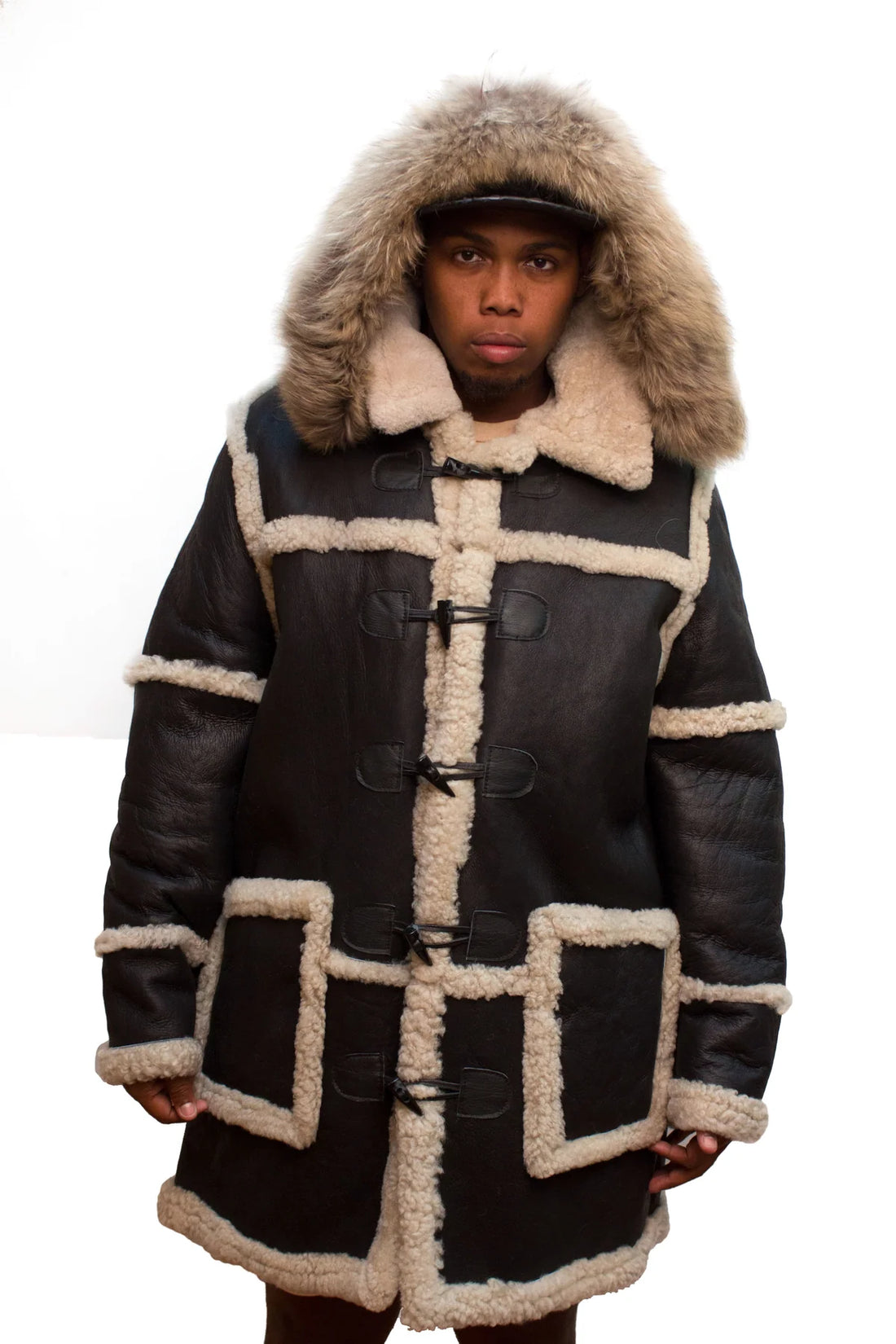 Jakewood 4100 Black/White Genuine Sheepskin/Fur Long Jacket