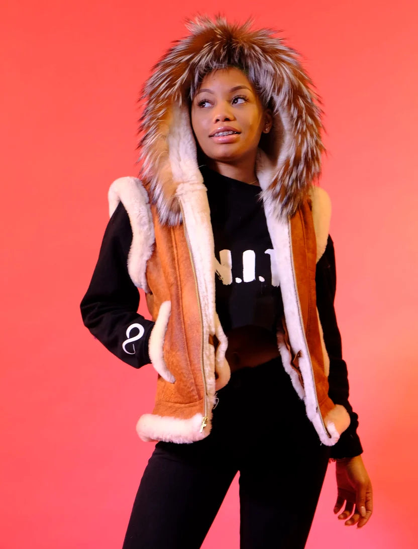 Jakewood 1037 Ladies Brown Genuine Sheepskin/Raccoon Fur Vest